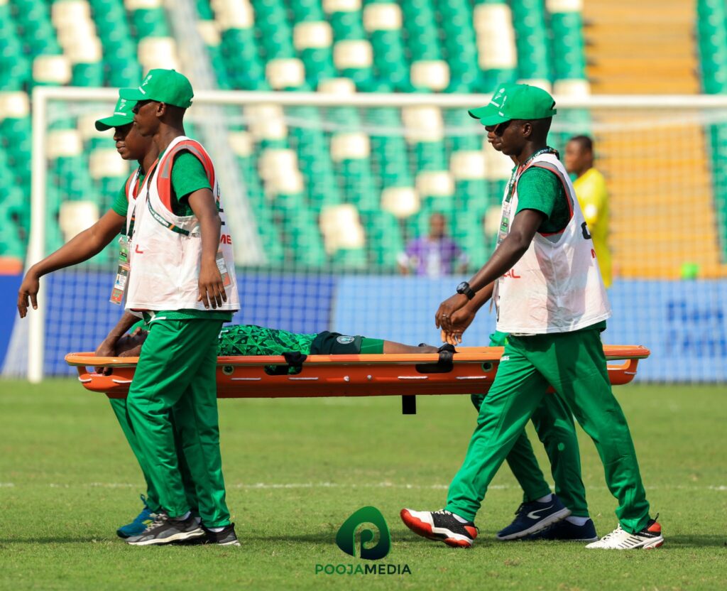 Alhassan Yusuf stretched off against Equatorial Guinea