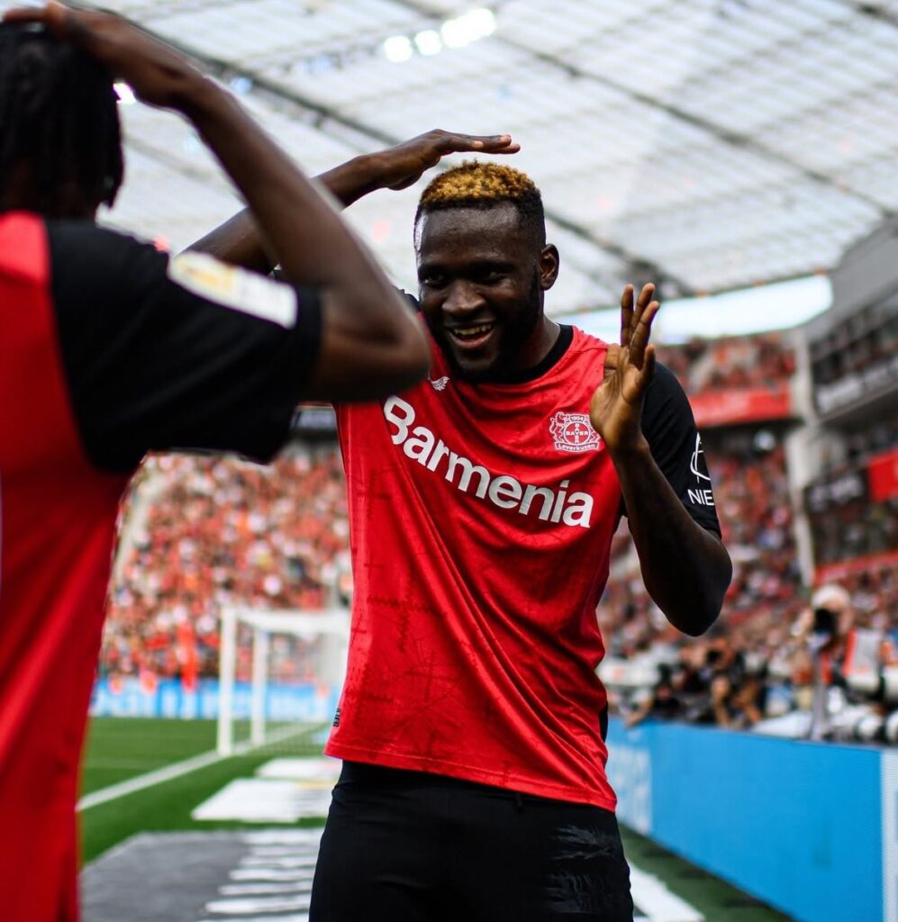Victor Boniface Celebrates for Leverkusen