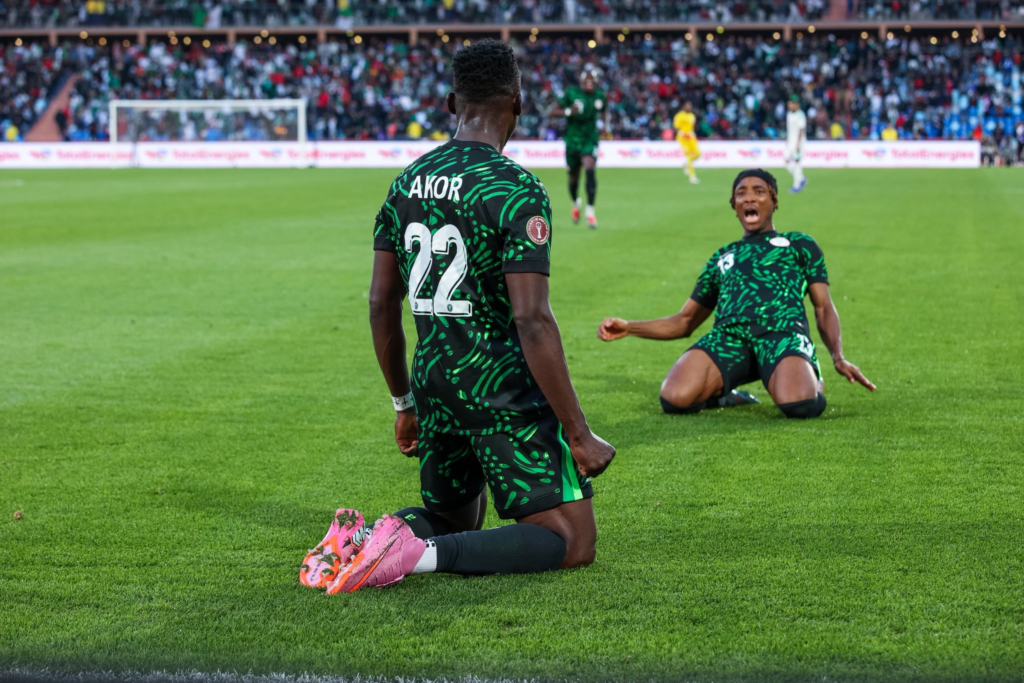 Akor Adams Celebrates his goal for Nigeria.