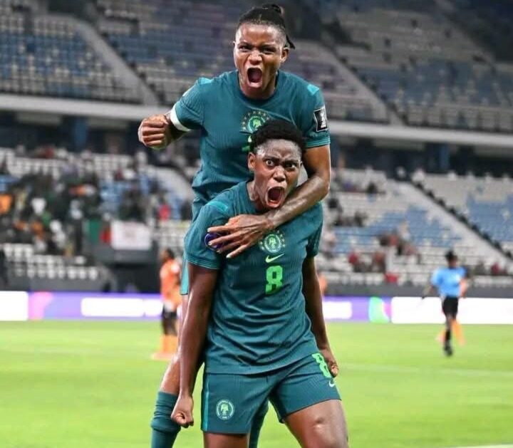 Super Falcons vs Zambia: Oshoala Goal Lifts 10-Woman Nigeria to Crucial WAFCON Victory Assisat Oshoala celebrates her goal